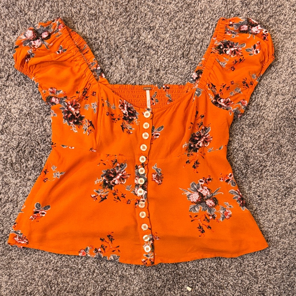 Free People Orange Floral Blouse